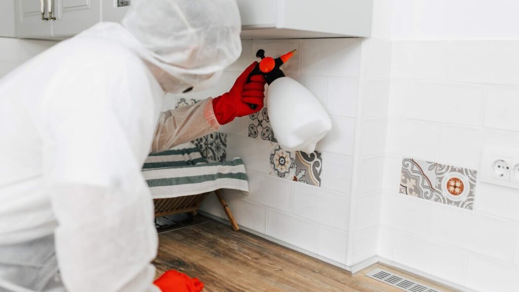 A man wearing protective gear carefully checking every corner of the kitchen spraying pesticides