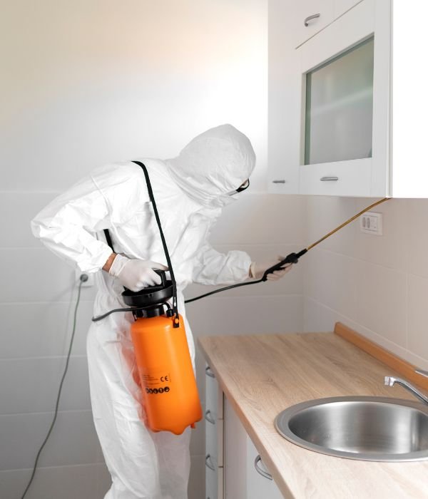 Pest control pros wearing hazmat suit, spraying organic solutions in every corner and cabinets where pest are hiding