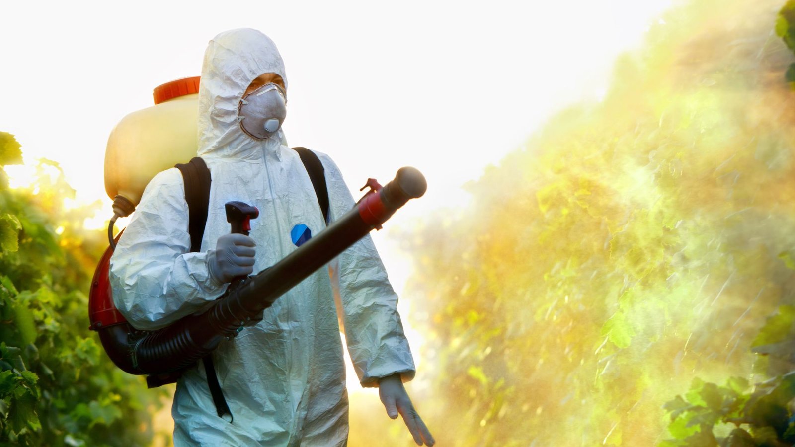 a pest control man in a hazmat suit spraying organic solutions to control pest